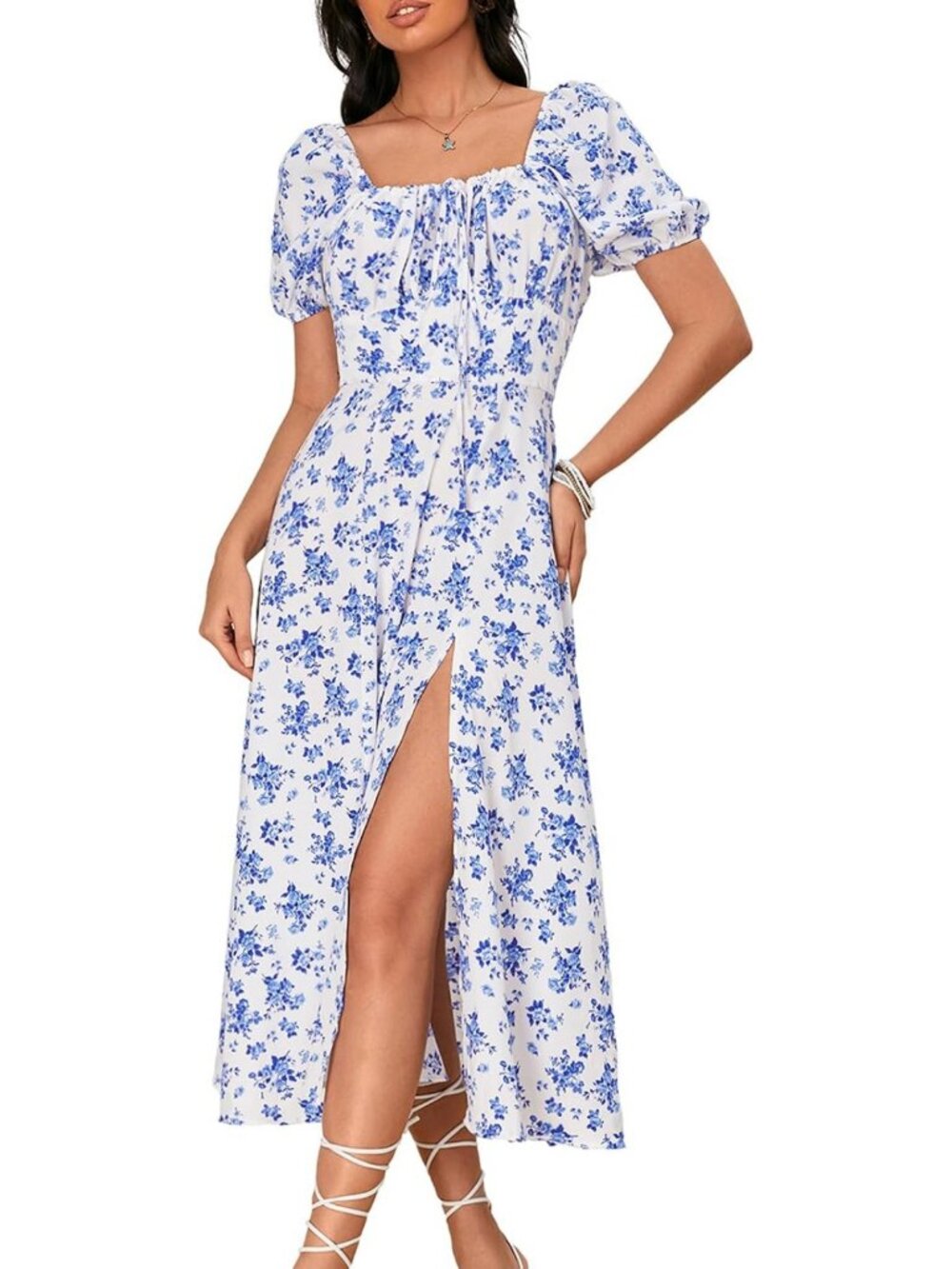 Floral Print Tie Front Square Neck Short Sleeve Dress with Split Thigh